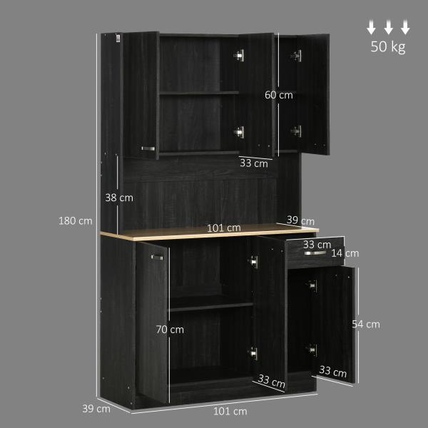 Armário de Cozinha Aparador de Sala de Jantar com 1 Gaveta 6 Portas e Prateleiras Ajustáveis Estilo Moderno 101x39x180 cm Preto e Madeira