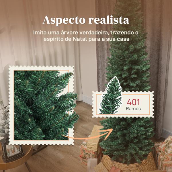 Árvore de Natal Slim 210 cm Árvore de Natal Artificial com 401 Ramos Suporte Metálico Decoração para Interior Verde