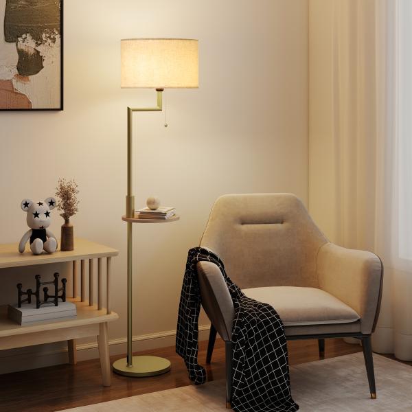 Candeeiro de Pé com Mesa Auxiliar Lâmpada E27 Máx. 40W Ecrã de Linho Interruptor de Corrente e Carregador USB Ø40x170 cm Dourado