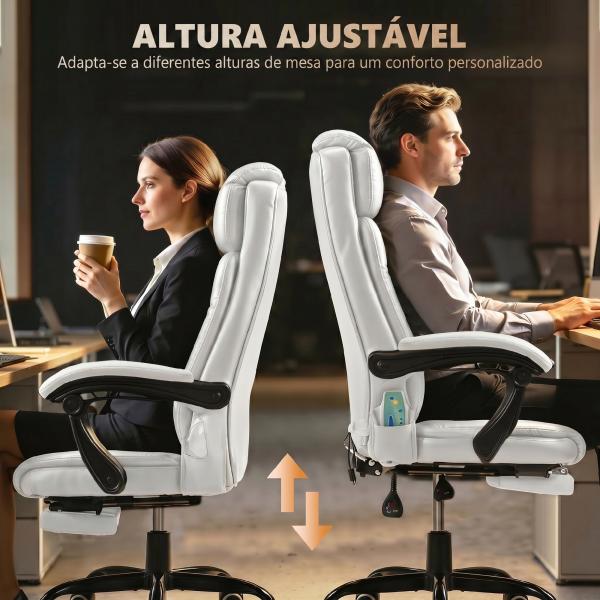 Cadeira de Escritório com 7 Pontos de Massagem com Apoio para os Pés Retrátil, Altura Ajustável, Comando Remoto e Tecido PU Branco
