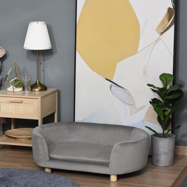 Sofá para Cães Pequenos com Pés de Madeira Almofada Removível e Capa Lavável 86x55x33 cm Cinzento Claro
