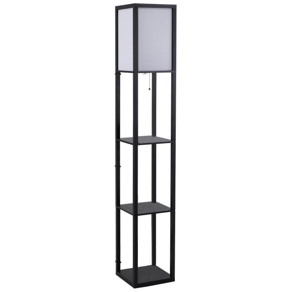 Candeeiro de Pé de Madeira com 3 Prateleiras De Armazenamento para Lâmpada E27 Potência Máx. 40W Candeeiro Moderno para Sala de Estar Dormitório 26x26x160cm Preto