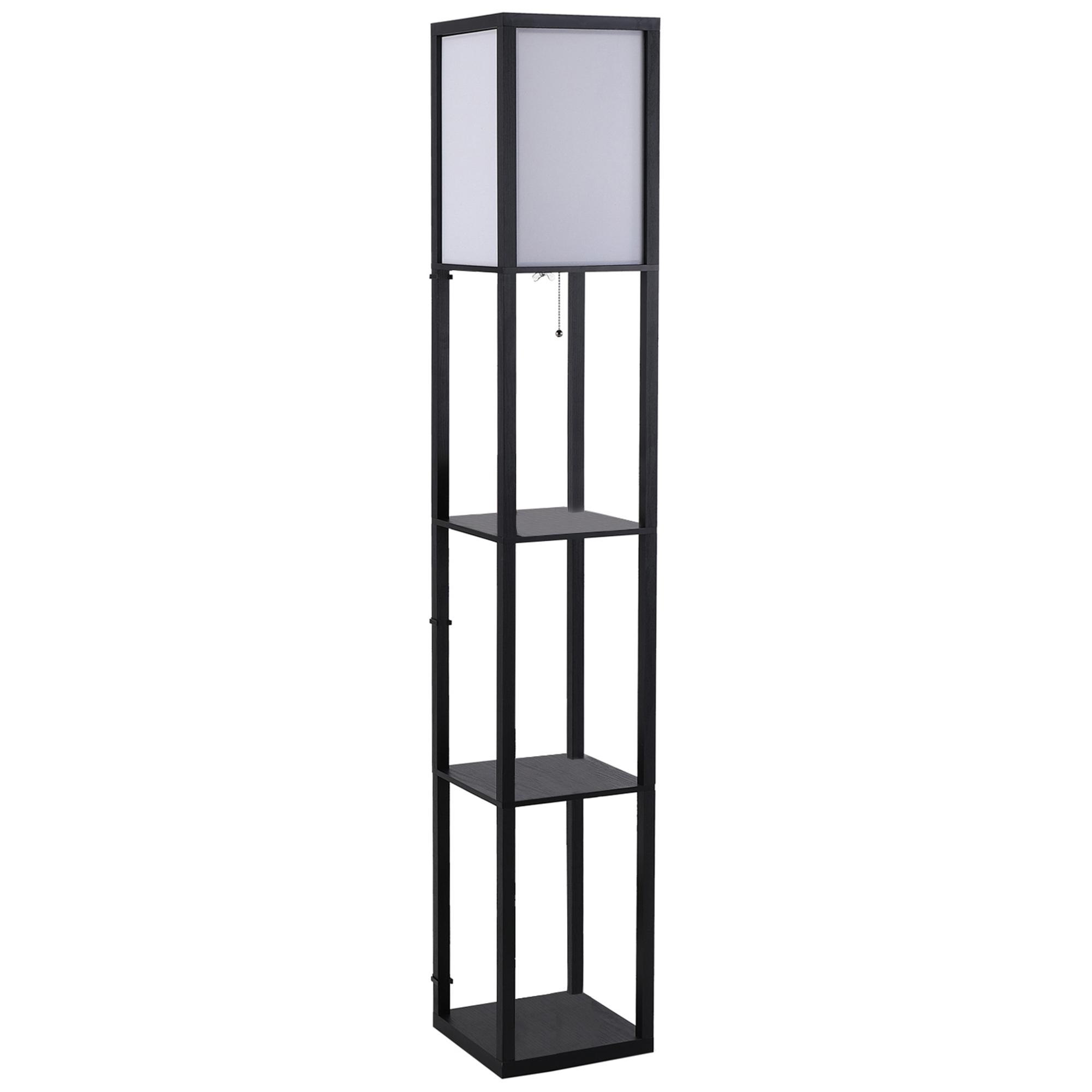 Candeeiro de Pé de Madeira com 3 Prateleiras De Armazenamento para Lâmpada E27 Potência Máx. 40W Candeeiro Moderno para Sala de Estar Dormitório 26x26x160cm Preto