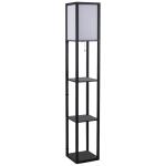 Candeeiro de Pé de Madeira com 3 Prateleiras De Armazenamento para Lâmpada E27 Potência Máx. 40W Candeeiro Moderno para Sala de Estar Dormitório 26x26x160cm Preto