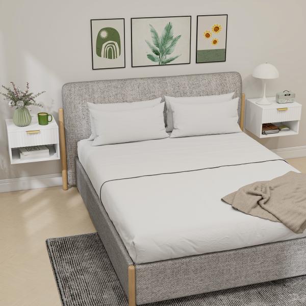 Conjunto de 2 Mesas de Cabeceira Flutuantes Estreitas com Gaveta com Frente Canelada e Prateleira Aberta 40x34x29 cm Branco