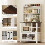 Armário de Cozinha Alto Móvel Auxiliar de Cozinha com 6 Ganchos para Chávenas 2 Portas de Vidro Prateleiras Abertas 80x40x152 cm Branco