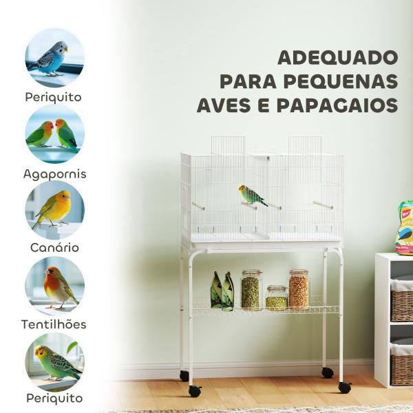 Gaiola para Pássaros com Divisória Rodas Gaiola para Aves com Comedouros Poleiros e Bandeja Removível 76x46x116 cm Branco