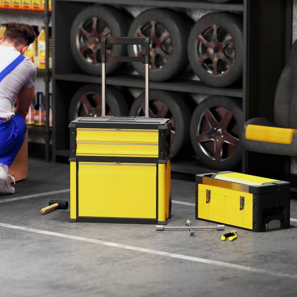 Caixa de Ferramentas Empilhável 3 em 1 Caixa de Ferramentas com Rodas Carro de Ferramentas de Aço 52x32x72 cm Amarelo e Preto