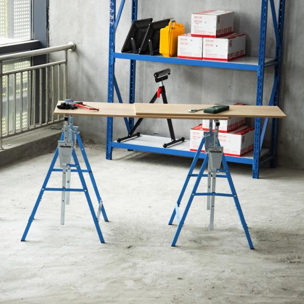 Conjunto de 2 Cavaletes Telescópicos Dobráveis com Altura Ajustável Cavaletes de Serra de Aço para Mesa de Trabalho Carga 200kg 68x58x80 - 130cm Azul e Prata
