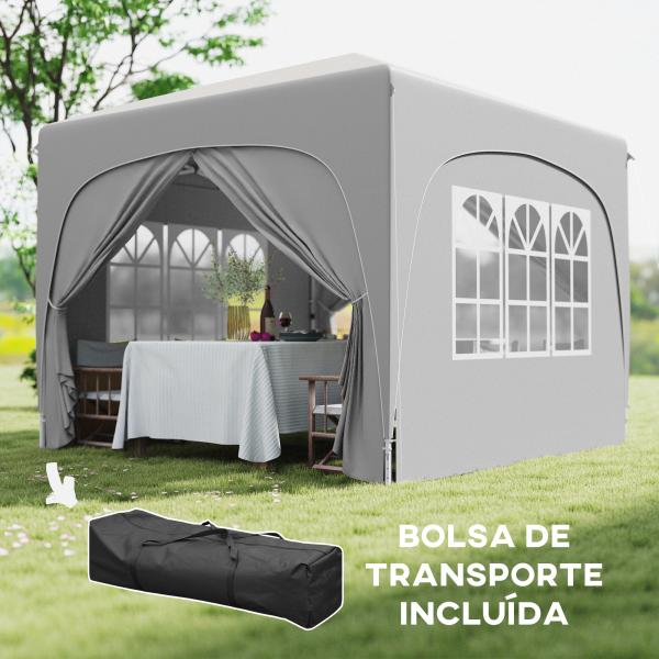 Tenda Dobrável 3x3 m com Painéis Laterais UPF50+ Tenda de Jardim com Altura Ajustável e Bolsa de Transporte Cinza Claro
