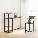 Conjunto de Mesa e Bancos de Bar Mesa Alta de Cozinha com 2 Bancos Laterais Rebatíveis Suporte para Vinhos e Prateleiras Castanho e Preto