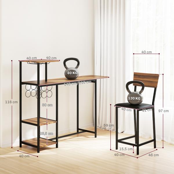 Conjunto de Mesa e Bancos de Bar Mesa Alta de Cozinha com 2 Bancos Laterais Rebatíveis Suporte para Vinhos e Prateleiras Castanho e Preto