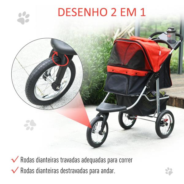 Carrinho dobrável para animais de estimação com 3 rodas Correias de segurança e cesto de armazenamento 109,5x54,5x106,5 cm Vermelho e preto