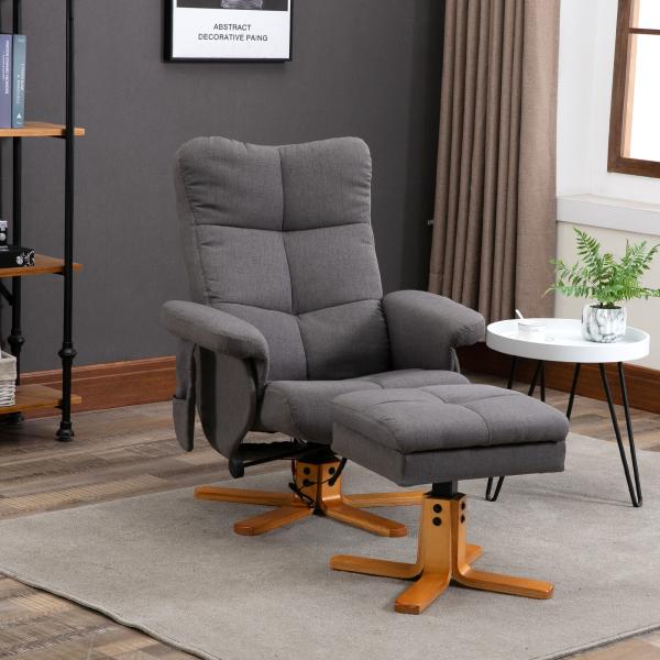 Poltrona Relax Reclinável com Apoio de Pés, 10 Pontos de Massagem, Giratória, Comando à Distância, Bolso Lateral, Cinzento