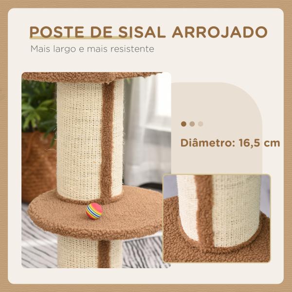 Arranhador para Gatos Altura 91 cm de 3 Níveis com Ninho Plataforma e Poste de Sisal 45x45x91 cm Marrom Claro