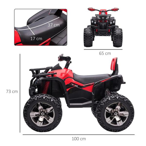 Quadriciclo Elétrico 12V para Crianças de 3 - 5 Anos com Farol Música Pneus de Suspensão Botões Avance e Retrocesso Veículo Elétrico a Bateria 100x65x73cm Vermelho