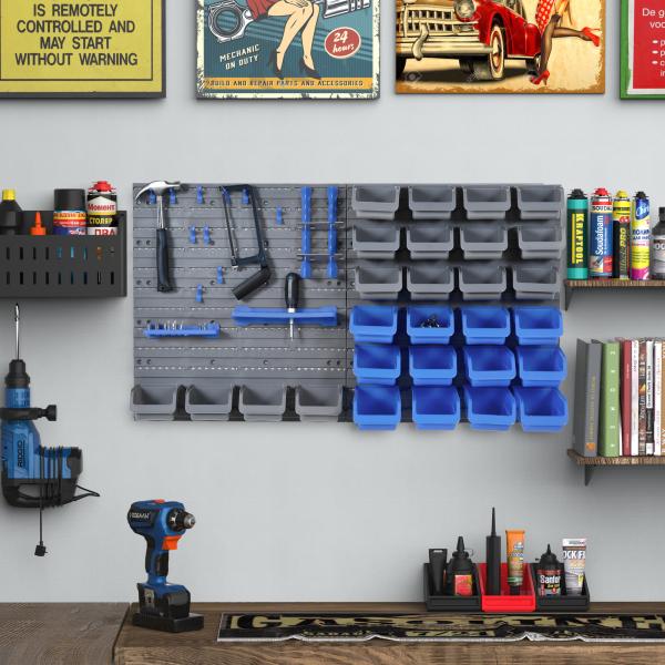 Prateleira de Parede Organizador de Ferramentas Prateleiras de Armazenamento com 28 Caixas ​54x95 cm Cinza e Azul
