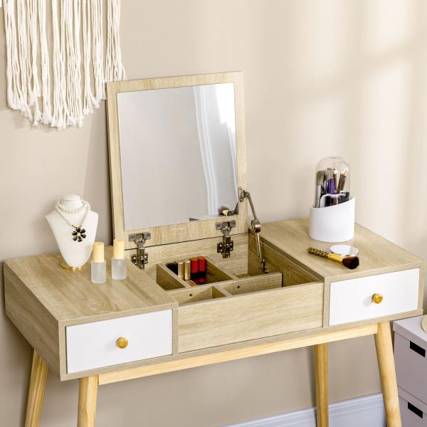 Toucador com Espelho Dobrável Mesa de Maquilhagem com Banco Compartimentos e Gavetas 100x45x118cm Madeira e Branco