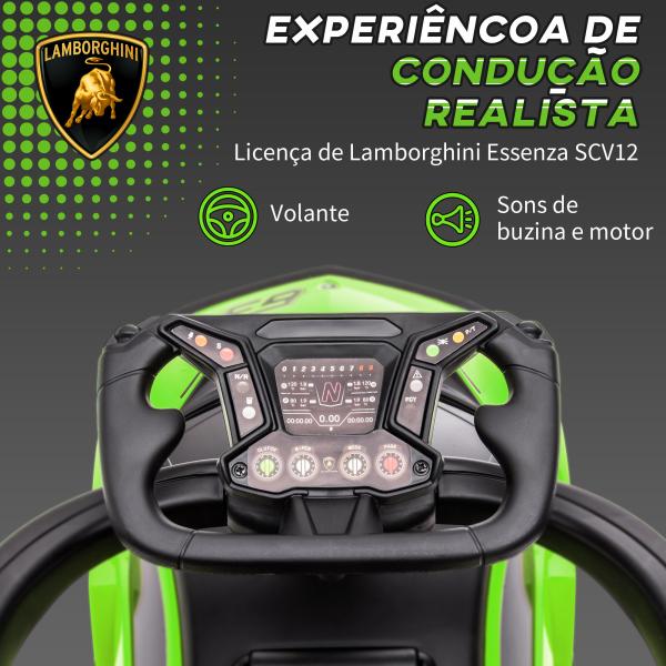 2 em 1 Carro Andador para Crianças 12 - 36 Meses Lamborghini Essenza SCV2 Carro Andador com Buzina Guiador e Grade de Segurança Removível 86,5x40x89,5cm Verde e Preto