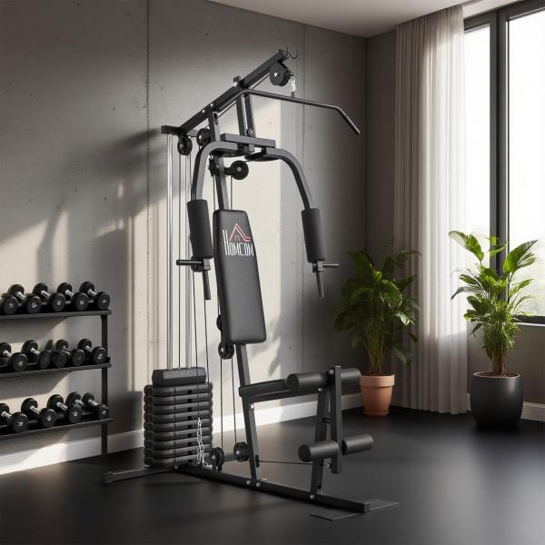 Máquina de Musculação com Pesos Ajustáveis de 45 kg, Press de Peito e Pernas, Polia, 135x103x200 cm, Preto