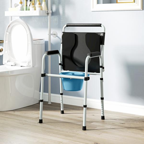 Cadeira Sanita para Pessoas Maiores Dobrável com Altura Ajustável Cubo e Almofadas Antiderrapantes 52,5x46x81,5 - 97 cm Preto