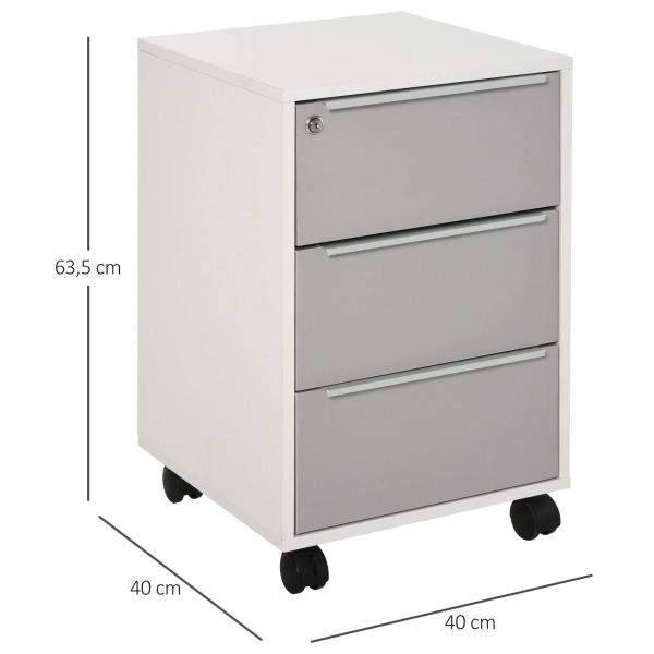 Bloco de Gavetas Móvel de Escritório com 3 Gavetas Fechadura Rodas e Travão para Documentos 40x40x63,5 cm Branco e Cinza