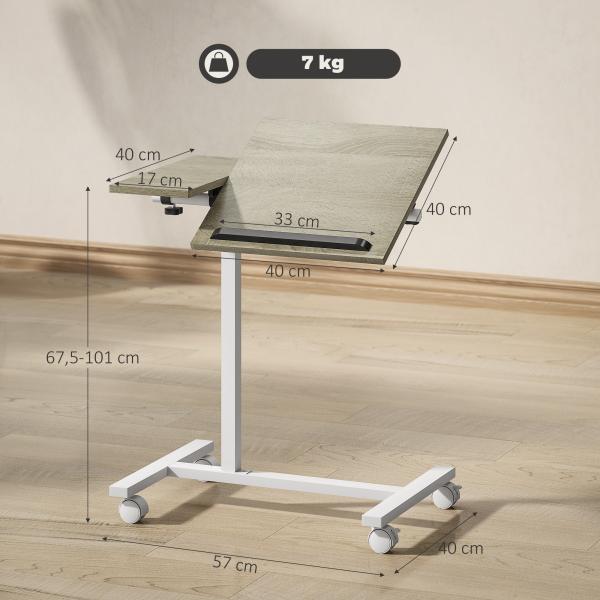 Mesa Auxiliar com Rodas Altura Ajustável Superfície Inclinável e Estrutura de Metal 57x40x67,5 - 101 cm Carvalho e Branco