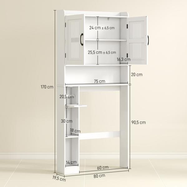 Armário sobre Sanita com Prateleira Ajustável 2 Portas Suporte para Papel Higiênico Armário para Máquina de Lavar 80x19,5x170 cm Branco
