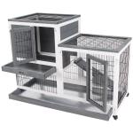 Coelheira de Madeira Interior com Rodas Gaiola para Coelhos Animais Pequenos de 2 Pisos com Zona Aberta Rampa e 2 Bandejas Removíveis 110x50x86cm Cinza