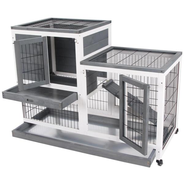 Coelheira de Madeira Interior com Rodas Gaiola para Coelhos Animais Pequenos de 2 Pisos com Zona Aberta Rampa e 2 Bandejas Removíveis 110x50x86cm Cinza