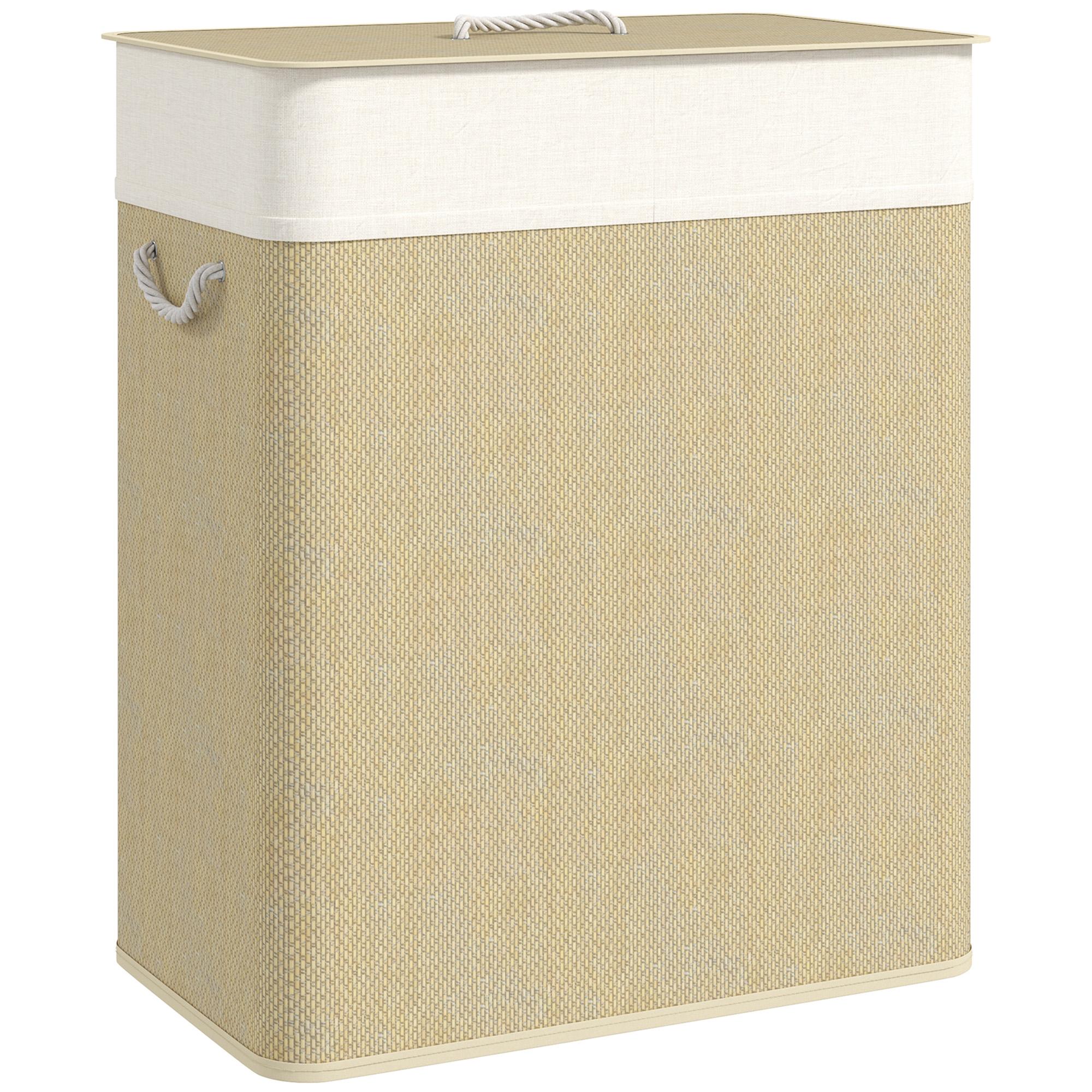 Cesto de Roupa com Tampa 100L de Bambu com 2 Compartimentos Bolsa Interior Amóvivel 52x32x63 cm Bege e Creme