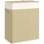 Cesto de Roupa com Tampa 100L de Bambu com 2 Compartimentos Bolsa Interior Amóvivel 52x32x63 cm Bege e Creme