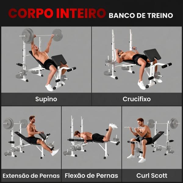 Banco de Musculação Multifuncional Inclinável com Suporte para Barra Ajustável Extensão de Pernas Curl de Predicador 180x134x113 - 136 cm Preto
