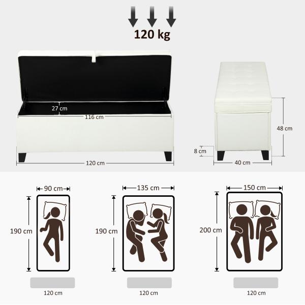 Banco de Armazenamento com 2 Dobradiças de Segurança Tampa Rebatível para Sala de Estar Quarto 120x40x48 cm Creme