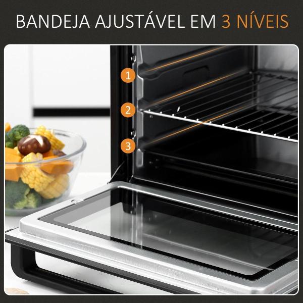 Mini Forno Elétrico de 32L 1600W com 3 Modos de Aquecimento Temperatura até 230 °C Temporizador Bandeja de Assar Ajustável em 3 Níveis 52,2x38,1x33,5cm Preto