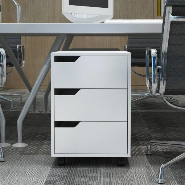Bloco de Gavetas para Escritório Móvel de Escritório Bloco de Gavetas com 3 Gavetas e 4 Rodas 40x50x57,5 cm Branco