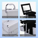 Estojo de Maquiagem Profissional Portátil de Cosméticos com Bandejas de 3 Níveis e Espelho 2 Chaves para Porta - Joias Manicure 15x15x20 cm Prata