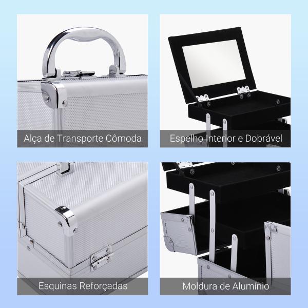 Estojo de Maquiagem Profissional Portátil de Cosméticos com Bandejas de 3 Níveis e Espelho 2 Chaves para Porta - Joias Manicure 15x15x20 cm Prata