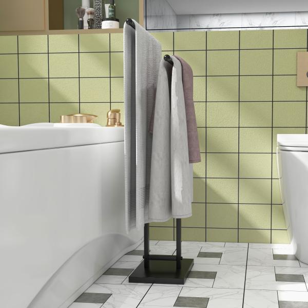Toalheiro de Pé de Metal Escada para Casa de Banho com 2 Barras em Forma de T Design Moderno 50x18,5x85 cm Preto