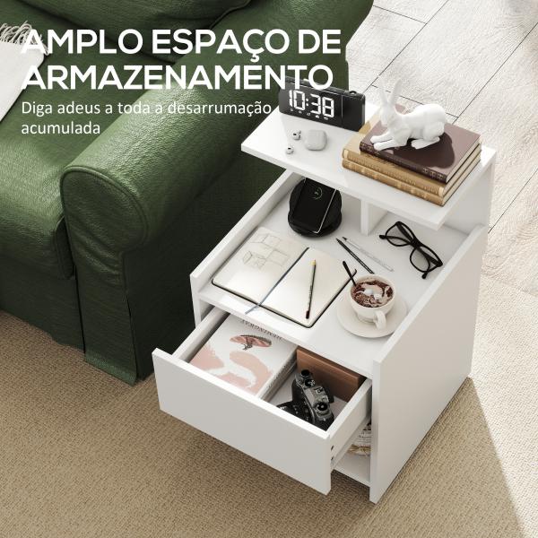Mesa de Cabeceira com Estação de Carregamento Portos USB Gaveta e Prateleiras Abertas 40x40x60 cm Branco