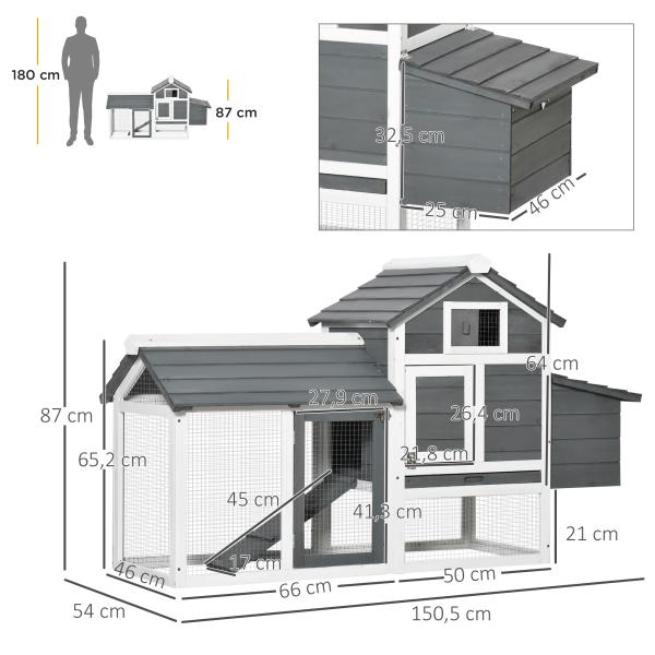 Galinheiro de Madeira para Exterior Gaiola para 2 - 3 Galinhas com Cercado de Arame Teto Abatível Caixa Ninho Bandeja Removível e Rampa 150,5x54x87cm Cinza e Branco