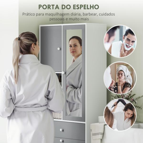 Armário de Casa de Banho com Cesto para Roupa Suja Espelho Gaveta e Prateleiras Ajustáveis 62x28,3x181 cm Branco e Cinza