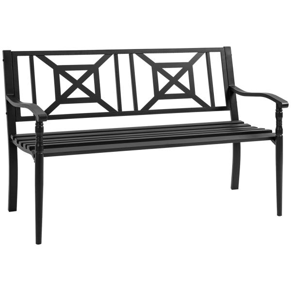 Banco de Jardim de 2 Lugares Banco de Exterior de Aço com Apoio para os Braços e Encosto Decorativo para Terraço Varanda Pátio Carga 280kg 128x62,5x81,5cm Preto