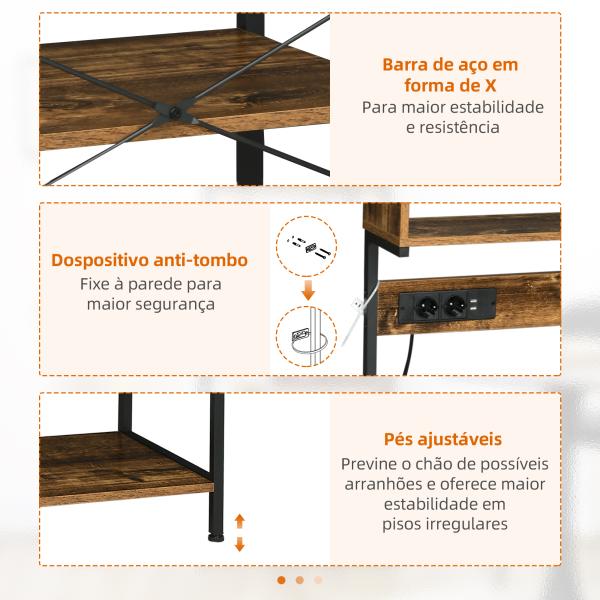 Estante de Cozinha Móvel Auxiliar de Cozinha com Ficha 2 Carregadores USB Ganchos e Prateleira Ajustável 60x42x153 cm Castanho Rústico