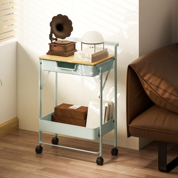 Carrinho Auxiliar com Rodas de 2 Níveis Carrinho de Cozinha com 1 Gaveta e 1 Cesto Carrinho Organizador 45x29,5x68 cm Verde Claro