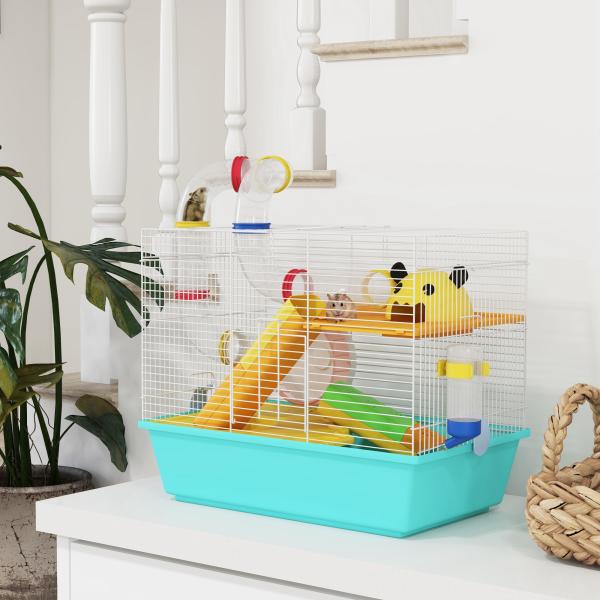 Gaiola para Hamsters com Túnel Plataformas Comedouro Bebedouro Casinha Rampas e Roda de Exercício 45x28x37 cm Azul Claro