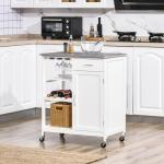 Carrinho de Cozinha com Rodas 1 Gaveta Prateleiras Suporte para 4 Garrafas e Armário Carga 40kg 76x48x88cm Branco e Cinza