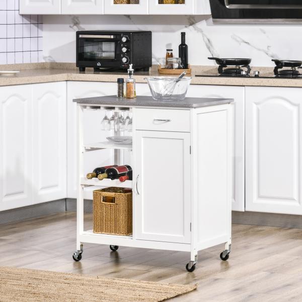 Carrinho de Cozinha com Rodas 1 Gaveta Prateleiras Suporte para 4 Garrafas e Armário Carga 40kg 76x48x88cm Branco e Cinza