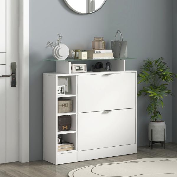 Sapateiro com Gavetas Basculantes, Prateleiras Ajustáveis e Prateleiras Abertas para 12 Pares de Sapatos 89x25x92 cm Branco