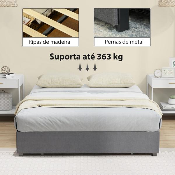 Cama de Casal 140x190 cm Estrado com 3 Gavetas e Estrutura Metálica Suporta 363 kg Cinzento